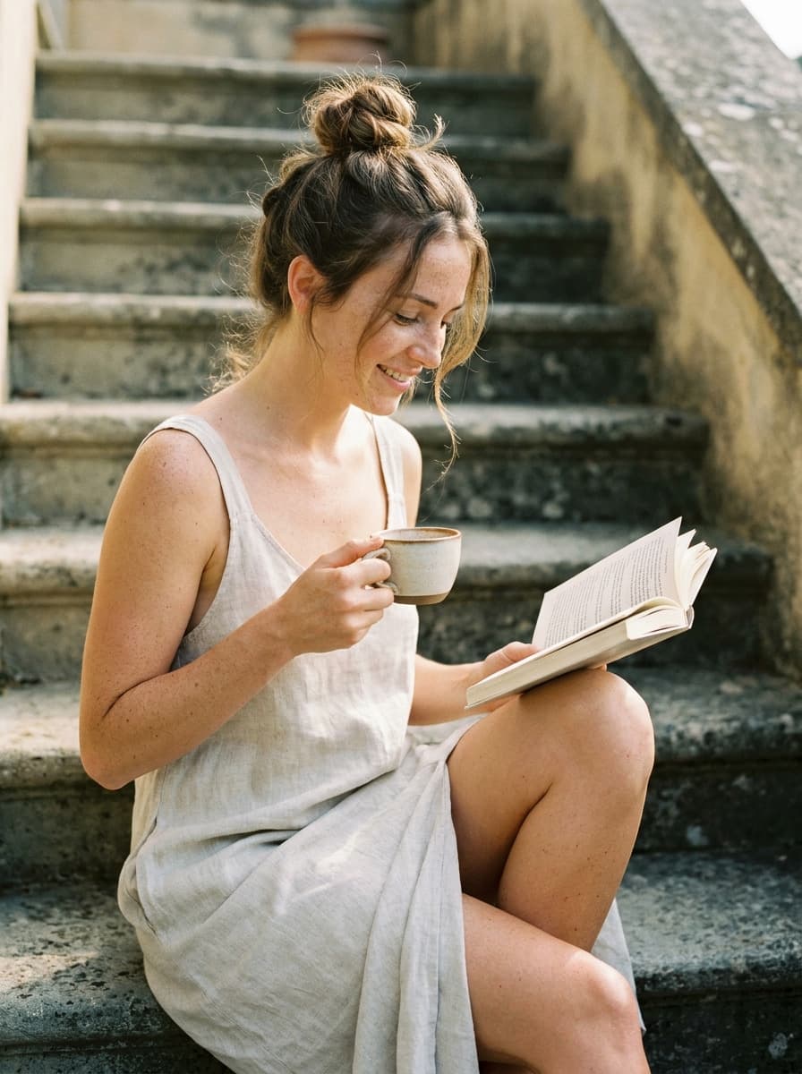 Девушка сидит на каменной лестнице с чашкой кофе и книгой.