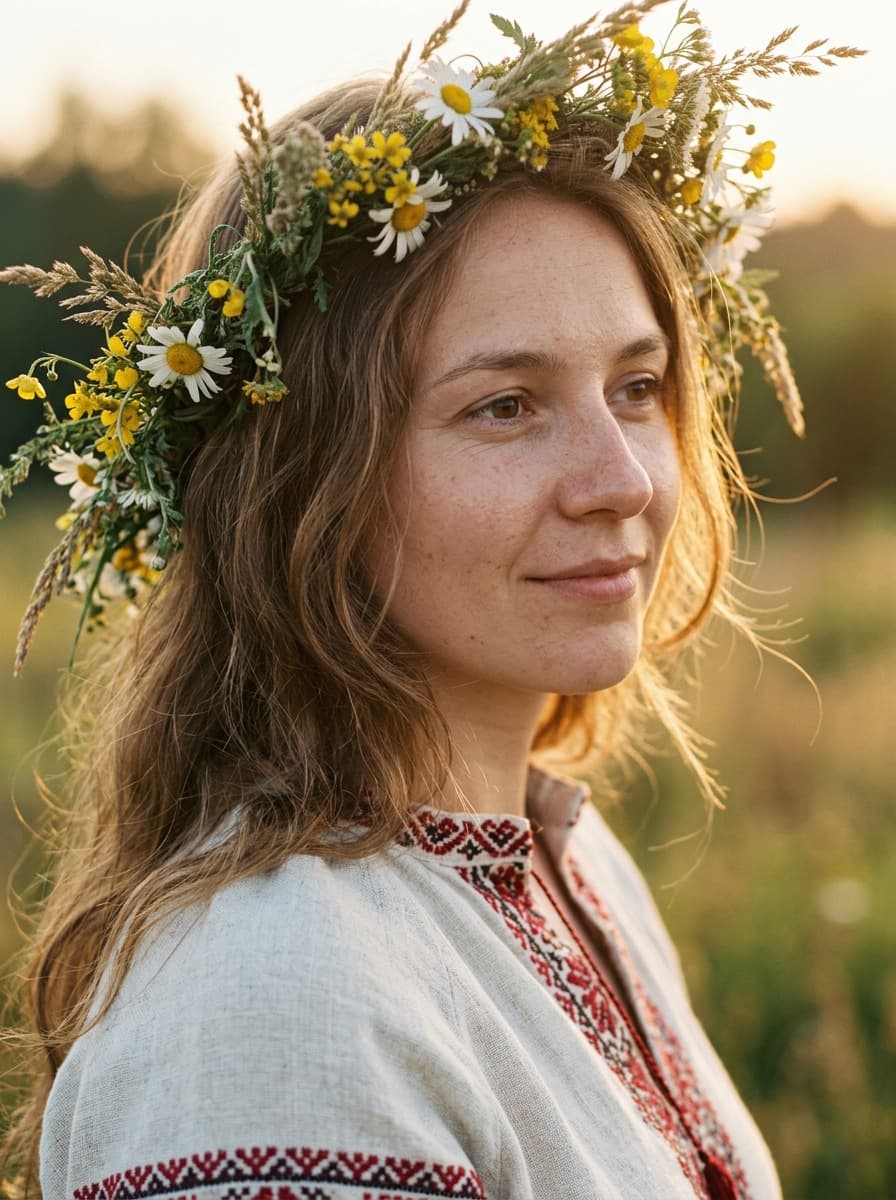 Крупный портрет девушки в венке из трав с вышитой рубахой.