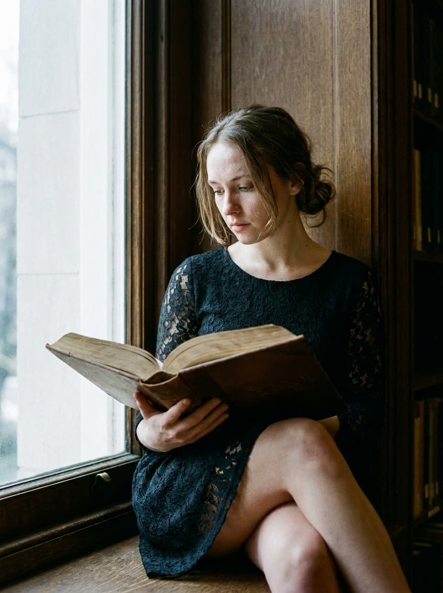 Девушка-вампирша сидит у окна с книгой в старинной библиотеке.