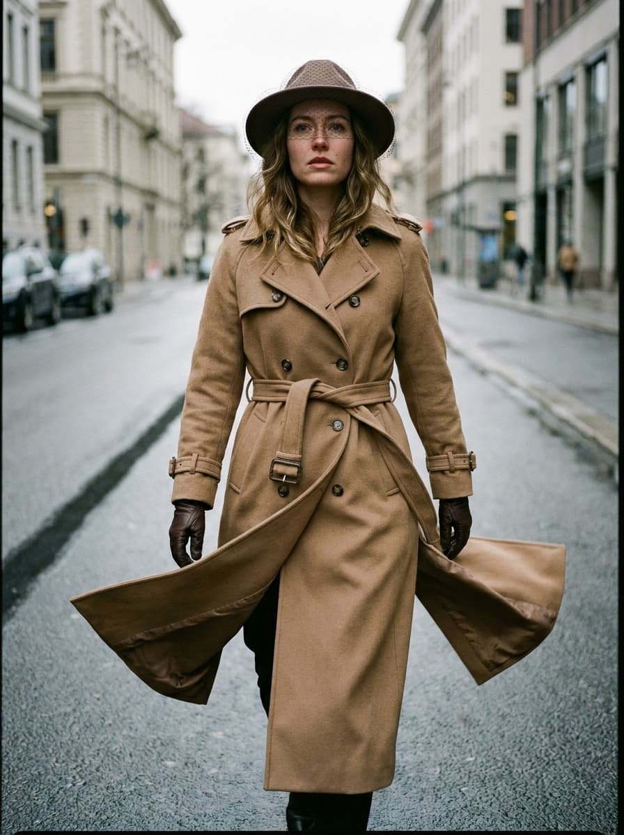 Девушка в стиле Dior идёт по улице в тренче с поясом и шляпе.
